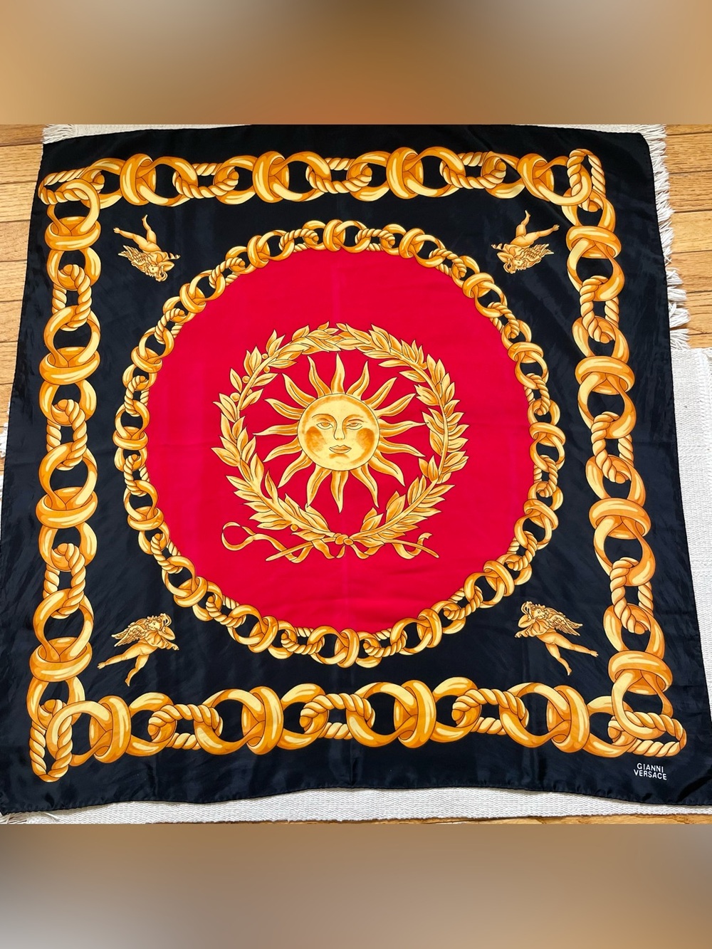 Vintage GIANNI VERSACE Silk Scarf Sun Chain Cupid 100% silk